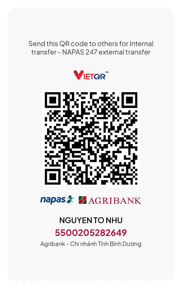 Agribank: 5500205282649 (Nguyễn Tố Như)