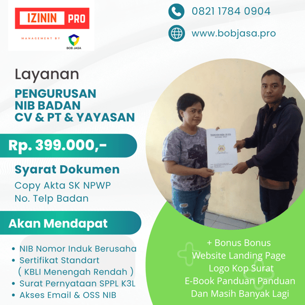 Izinin Pro By Bob Jasa Pengurusan Pembuatan Pendaftaran NIB Nomor Induk Berusaha CV PT Yayasan Firma Perkumpulan Perusahan di Kabupaten Kota