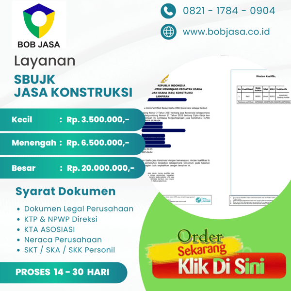 Izinin Pro By Bob Jasa Pengurusan Pendaftaran Pembuatan SBUJK Sertifikat Badan Usaha Jasa Konstruksi Murah Terdekat di Kota Kabupaten