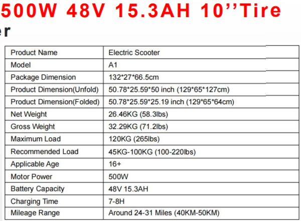 A1 ABE Electric scooter EVERCROSS 500W 48V 15,3Ah 10" Tires