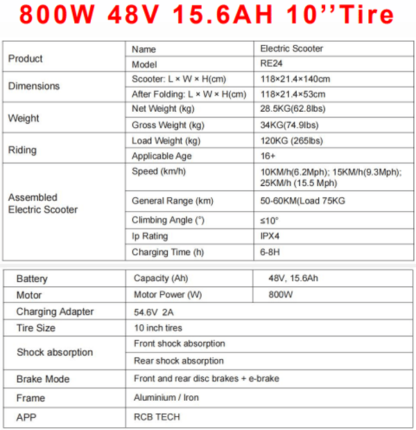 RCB RE24 800W 48V 15.6AH 10" Tires E-Scooter RCB RE24 800W 48V 15.6AH 10" Tires E-Scooter