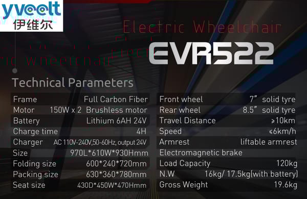 Yveelt EVR522 150W x 2 24V 6 Ah Full Carbon Fiber Electric Wheelchair with Brushless motor Yveelt EVR522 150W x 2 24V 6 Ah Full Carbon Fiber Electric Wheelchair with Brushless motor