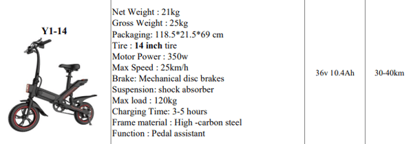 Freezway Y1-14 E-Bike 350W 36v 10.4Ah 14" Tire