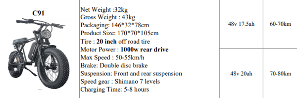 Freezway C91 E-Bike 1000W 48v 17.5ah 20" Off Road Tire