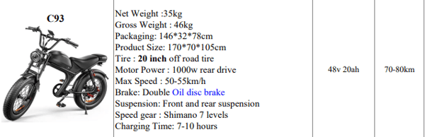 Freezway C93 E-Bike 1000W 48v 20Ah 20" Off Road Tire