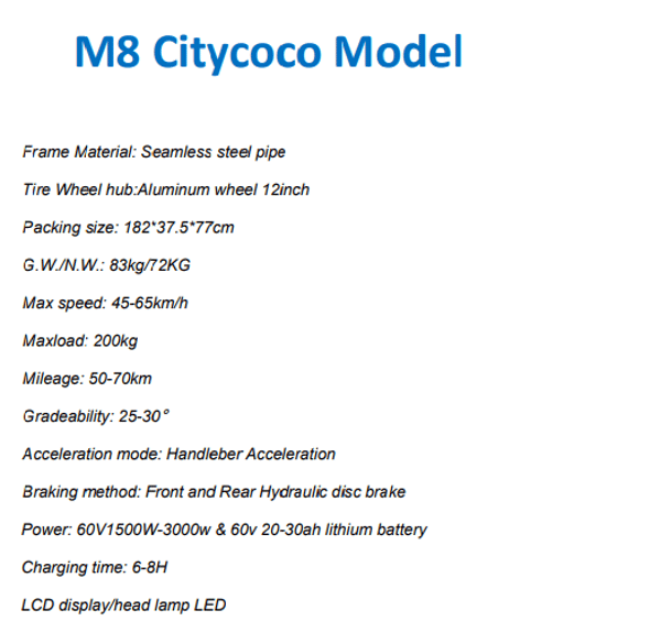 M8 Citycoco Model EEC & Coc 60v 1500w/2000w with 60v 20ah/30ah Li-on battery