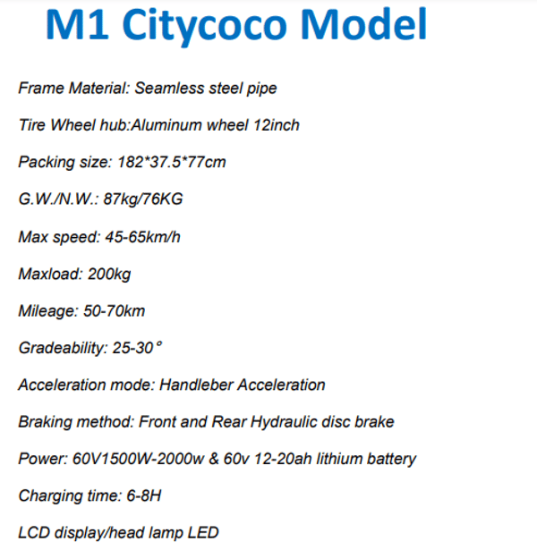 M1 Citycoco Model EEC & Coc 60v 1500w / 2000w with 60v 20ah Li-on battery