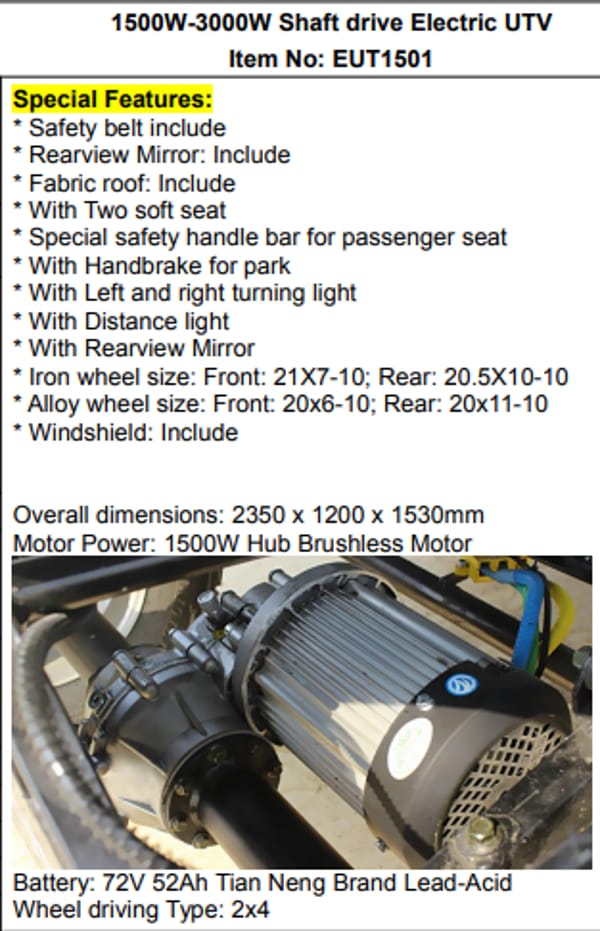 EUT1501 1500W-3000W Shaft drive Electric UTV  72V 52 Ah