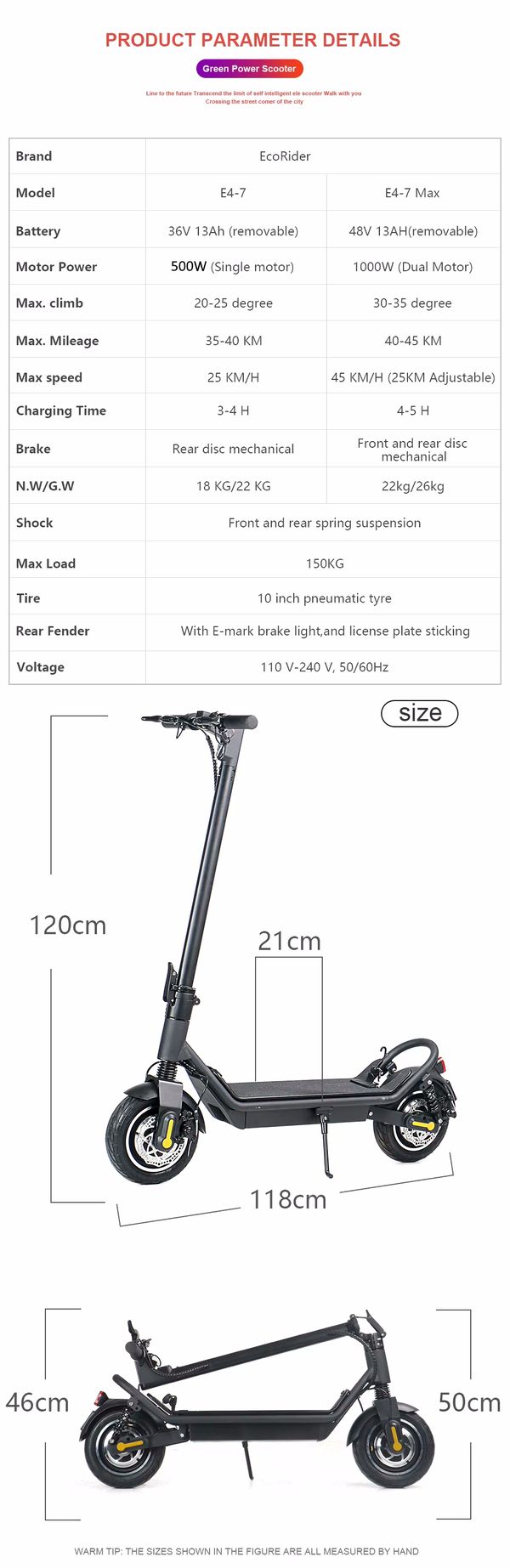 EcoRider E4-7 Max 1000W 48V/15Ah Dual Motor Foldable Electric Scooter with seat