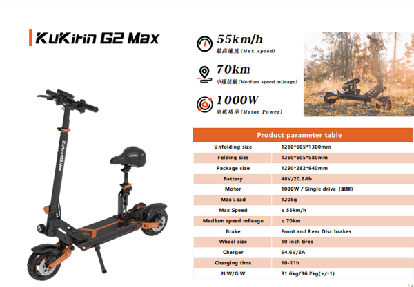 Kukirin G2 Max 48V/20.8Ah 1000W / Single drive Scooter with seat Trade Sutinen EU