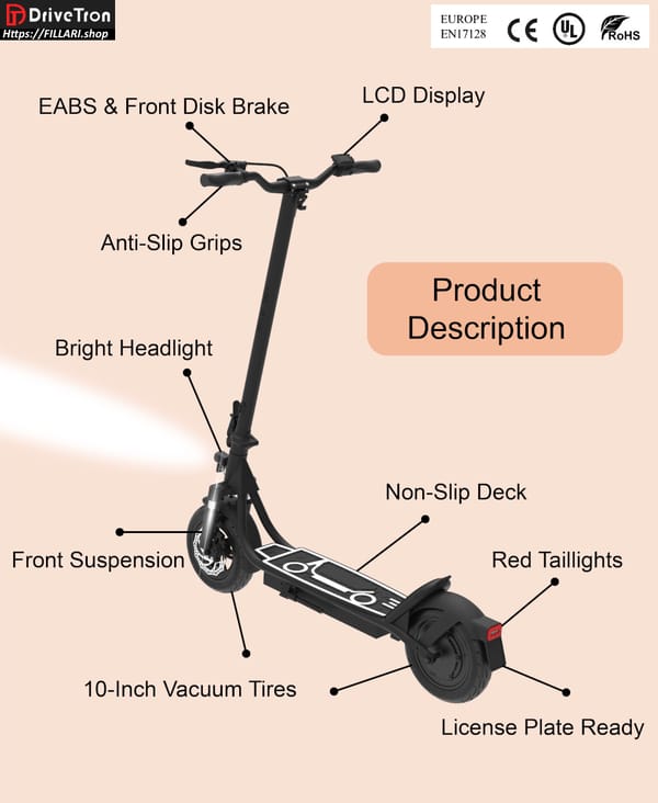 DriveTron DT01 Electric scooter 36V 13Ah 400W (800W peak) Range 40Km 10" solid wheels Trade Sutinen EU