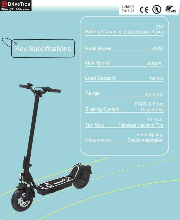 DriveTron DT01 Electric scooter 36V 13Ah 400W (800W peak) Range 40Km 10" solid wheels Trade Sutinen EU