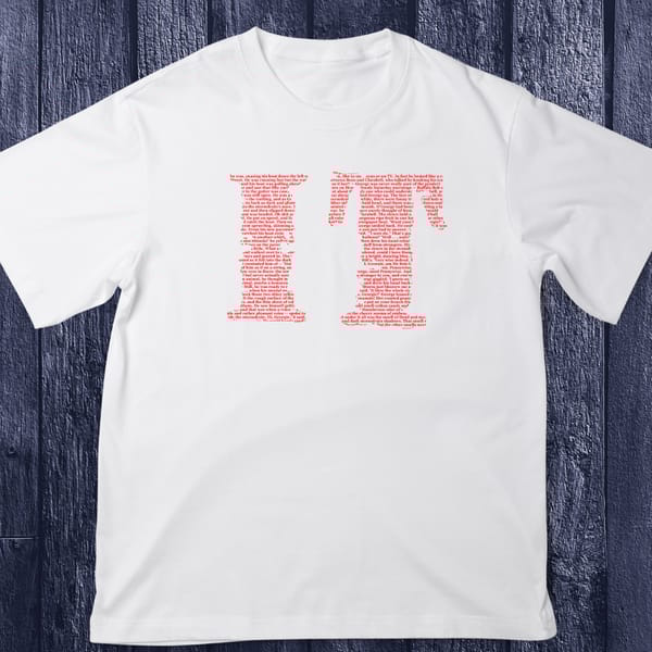 IT font on white T Shirt made up from written text