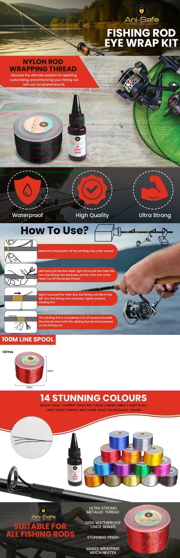 Ani-Safe Fishing Rod Eye Wrap Kit, set with 20g clear UV Epoxy Resin, Repair line, replacement, tip light installation, guide ring thread, Metallic whipping, building sea course beach