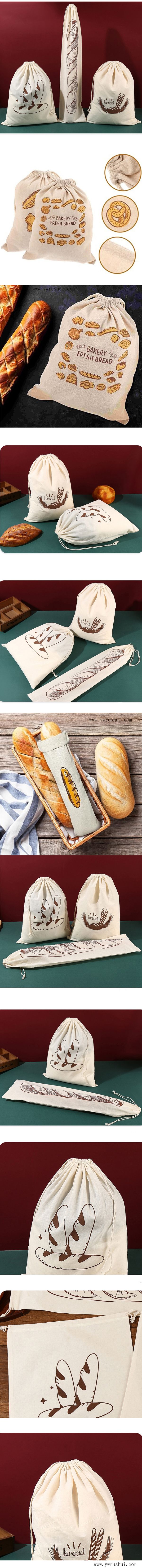6 Design Reusable Cotton Drawstring Bread Bags Long Linen Bread Bag Natural Linen Bread Storage Bag for Wholesale