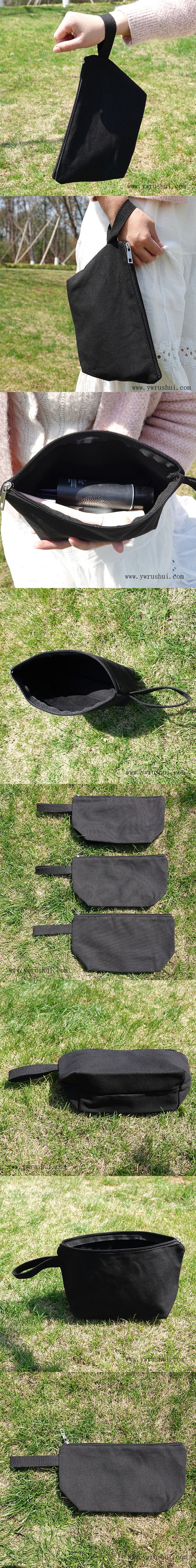 Heavy Duty 16oz Black Cotton Canvas Cosmetics Bags with Wrist Handle Ear