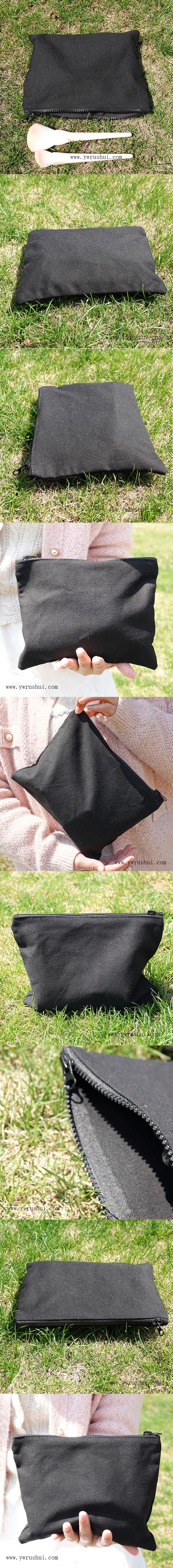 Reusable 12oz 9x7inch Black Canvas Makeup Bag with Black Resin Zipper Closure