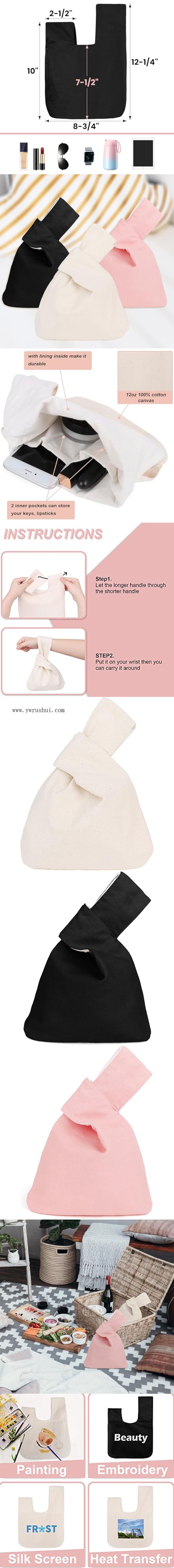 Durable 12oz Small NeverYield Cotton Canvas Knit Tote Wrist Bag Canvas Portable Knot Sleeve Handle Bag Cute Wristlet Pouch Purse