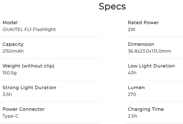 OUKITEL FL1 Monitoiminto taskulamppu OUKITEL FL1 Monitoiminto taskulamppu