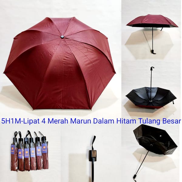 Jual payung promosi polos lipat 3 marun lapis hitam