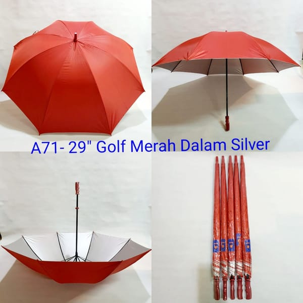 Jual payung promosi polos golf merah lapis silver