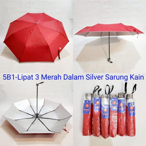 Payung promosi polos lipat 3 murah sarung merah silver