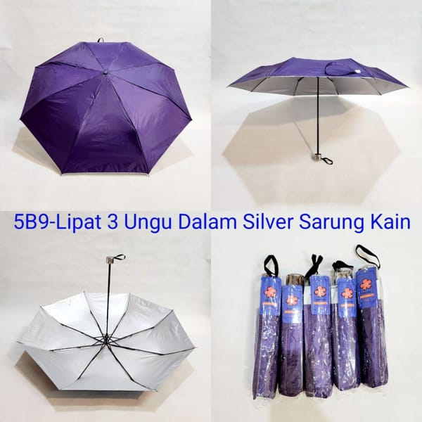 Payung promosi polos lipat 3 murah ungu silver sarung kain