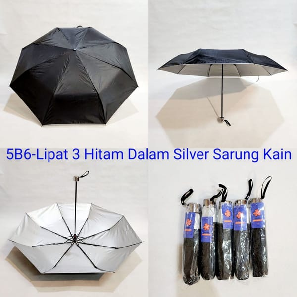 Payung promosi polos lipat 3 murah hitam silver sarung kain
