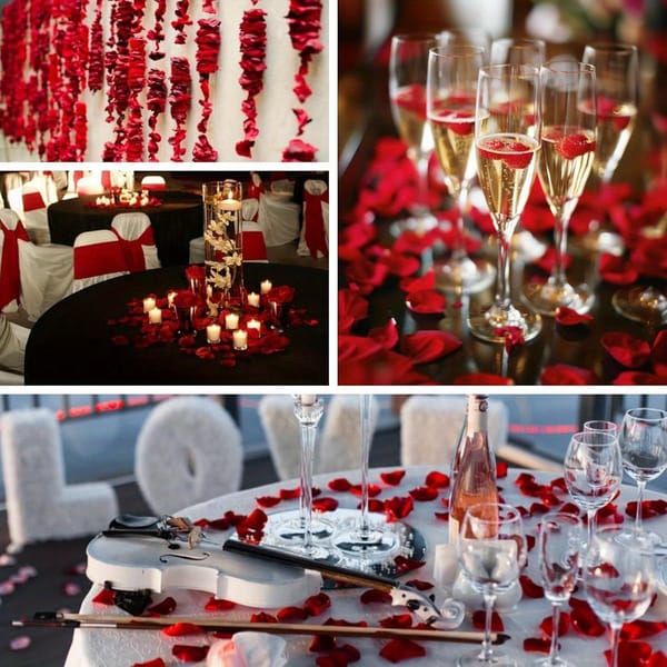 A collage of romantic event settings using preserved rose petals: hanging petal garlands, candlelit table centerpieces, champagne glasses with floating petals, and elegant table setups with wine and violin decoration.