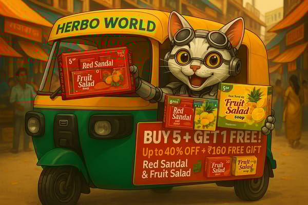 🌟 Hello from Herbo World®️! 🌟  🎉 Special Discount Offers Just for You! 🎉  ✨ Enjoy these amazing deals on our Red Sandal®️©️ & Papaya Fruit Salad®️ Soaps:  ✅ Buy 5 + Get 1 FREE ✅ Buy 10 + Get ₹160/- Off ✅ Buy 20 Soaps + Get a FREE Herbal Hair Oil or Herbal Face Pack 🌿 ✅ Up to 40% OFF on selected products! 🎁 PLUS – Get a Free Gift worth ₹160/- with your order!  🛍️ Ready to experience glowing skin? Just call or WhatsApp us at 95531 66483 to place your order now!  Thank you for choosing Herbo World®️ – your trusted brand for healthy, beautiful skin! 💖