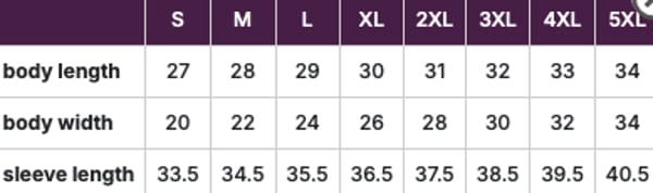 Adult Hoodie Size Chart