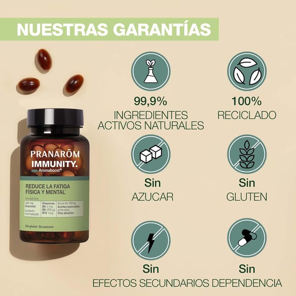 Mantém um sistema imunitário saudável: Projetado para garantir o bom funcionamento das defesas do organismo, a Aromaboost IMMUNITY combina extratos de plantas e vitaminas, enriquecidos com óleos essenciais 100% naturais, puros e integrais do laboratório Pranarôm. Uma SINERGIA única: Aromaboost IMMUNITY é formulado com uma mistura exclusiva de extratos de plantas que incluem Equinácea, vitaminas B9, B12 e D3, potenciadas pelos óleos essenciais puros e integrais de Ravintsara, gengibre e cravo, criando uma sinergia poderosa para apoiar o sistema imunológico. . Uma formação saudável: Aromaboost IMMUNITY tem uma composição com 99,9% de ingredientes de origem natural, sem açúcar e sem glúten. Este suplemento de saúde não acarreta risco de dependência ou efeitos colaterais. Completamente o seu RITUAL de saúde: Para otimizar os resultados, pode combinar as cápsulas Aromaboost IMMUNITY com o Roll-on IMMUNITY, um gesto simples e instantâneo para reforçar a imunidade a qualquer hora do dia. PRANAROM, A ciência dos óleos essenciais: O laboratório Pranarôm, especialista em óleos essenciais, oferece soluções inovadoras e naturais projetadas a partir de óleos essenciais quimiotipados 100% puros, integrais e orgânicos.