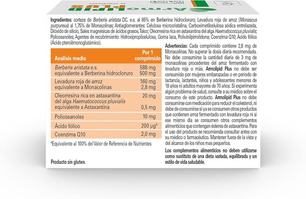 ArmoLIPID PLUS - Complemento alimentar para o controlo do colesterol e dos riglicéridos, com levedura vermelha de arroz, berberina, coenzima Q10, astaxantina e ácido fólico, 60 comprimidos