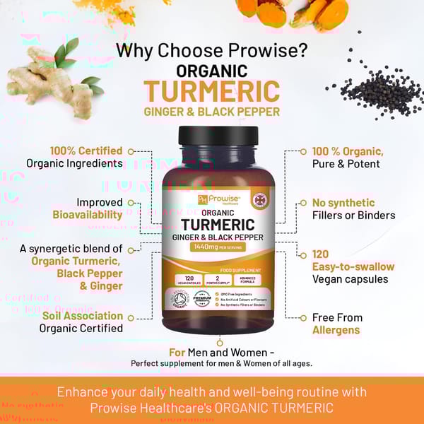 Cúrcuma Orgânica com Gengibre e Pimenta Preta - Cúrcuma curcumina 1440 mg com pimenta preta e gengibre I 120 cápsulas de açafrão veganas de alta resistência (fornecimento de 2 meses) I Fabricado no Reino Unido pela Prowise Healthcare