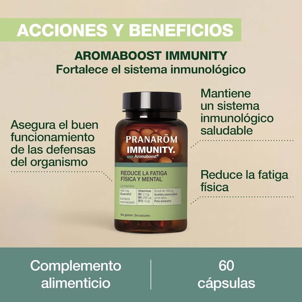 Mantém um sistema imunitário saudável: Projetado para garantir o bom funcionamento das defesas do organismo, a Aromaboost IMMUNITY combina extratos de plantas e vitaminas, enriquecidos com óleos essenciais 100% naturais, puros e integrais do laboratório Pranarôm. Uma SINERGIA única: Aromaboost IMMUNITY é formulado com uma mistura exclusiva de extratos de plantas que incluem Equinácea, vitaminas B9, B12 e D3, potenciadas pelos óleos essenciais puros e integrais de Ravintsara, gengibre e cravo, criando uma sinergia poderosa para apoiar o sistema imunológico. . Uma formação saudável: Aromaboost IMMUNITY tem uma composição com 99,9% de ingredientes de origem natural, sem açúcar e sem glúten. Este suplemento de saúde não acarreta risco de dependência ou efeitos colaterais. Completamente o seu RITUAL de saúde: Para otimizar os resultados, pode combinar as cápsulas Aromaboost IMMUNITY com o Roll-on IMMUNITY, um gesto simples e instantâneo para reforçar a imunidade a qualquer hora do dia. PRANAROM, A ciência dos óleos essenciais: O laboratório Pranarôm, especialista em óleos essenciais, oferece soluções inovadoras e naturais projetadas a partir de óleos essenciais quimiotipados 100% puros, integrais e orgânicos.