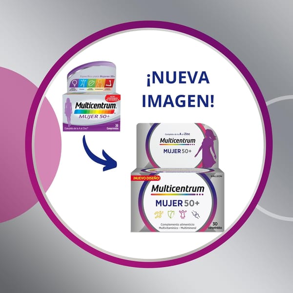 Multicentrum multivitamínico para mulheres a partir dos 50 anos que ajuda a manter uma alimentação saudável, completando a entrada de micronutrientes e diminuindo o cansaço e a fadiga Multicentrum Mulher 50+ tem uma fórmula especialmente equilibrada com 13 vitaminas e 11 minerais, alto teor de vitamina D e C, vitaminas B, B12, zinco, biotina, ácido fólico, cálcio, ferro e magnésio, entre outros Contribui para o bom funcionamento do sistema imunitário das mulheres com Multicentrum 50+, para manter a saúde dos ossos e para lidar com mudanças nas necessidades nutricionais após a pós-menopausa Multivitaminas femininas Multicentrum não têm glúten, lactose, açúcar ou frutose Embalagem de 90 comprimidos Multicentrum mulher 50 suplemento alimentar multivitamínico e multimineral Após cada utilização, verifique se o frasco está fechado e guardado dentro da sua caixa, num local seco e a uma temperatura inferior a 25º C