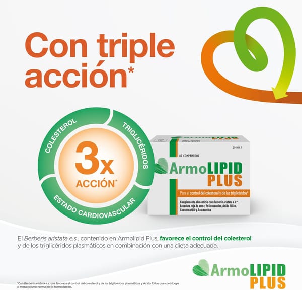 ArmoLIPID PLUS - Complemento alimentar para o controlo do colesterol e dos riglicéridos, com levedura vermelha de arroz, berberina, coenzima Q10, astaxantina e ácido fólico, 60 comprimidos