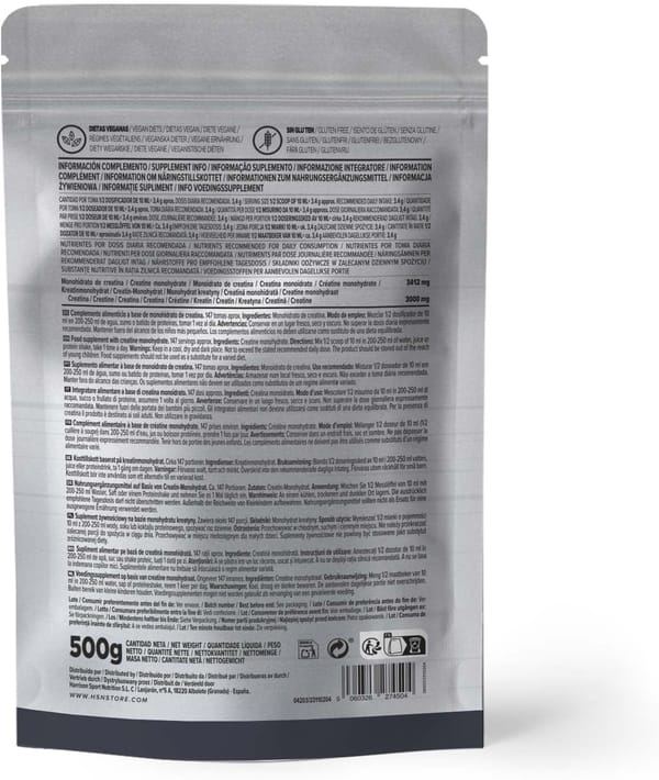 Creatina Monoidratada 100% Pura HSN - em pó sem sabor 500 g | 100% monohidrato de creatina microfibra, não inclui doseador, sem adição e livre de poluentes, não-OGM e vegano, sem glúten Creatina Monoidratada 100% Pura HSN - em pó sem sabor 500 g | 100% monohidrato de creatina microfibra, não inclui doseador, sem adição e livre de poluentes, não-OGM e vegano, sem glúten