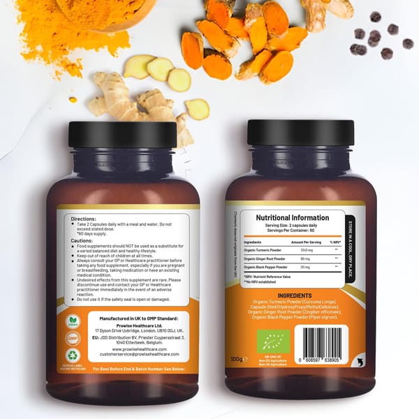 Cúrcuma Orgânica com Gengibre e Pimenta Preta - Cúrcuma curcumina 1440 mg com pimenta preta e gengibre I 120 cápsulas de açafrão veganas de alta resistência (fornecimento de 2 meses) I Fabricado no Reino Unido pela Prowise Healthcare