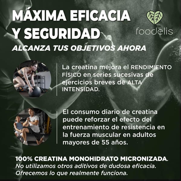 Creatina Monohidratada em Pó Foodelis 1kg/333 doses, 100% creatina monohidrato micronizada - sem sabor - pura e sem aditivos - Não-OGM - alta solubilidade, inclui doseadores