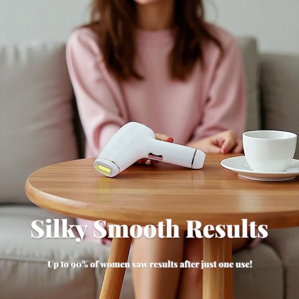 Smart IPL hair removal device on a table next to a coffee cup.