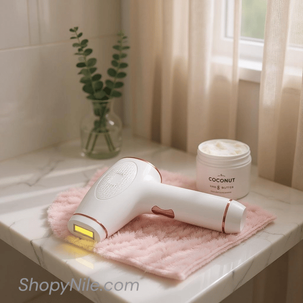 Smart IPL hair removal device on a pink towel.