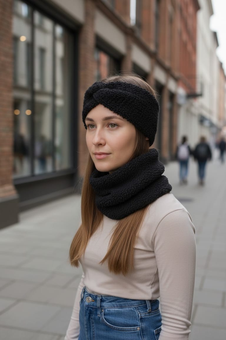 Juodas Teddy komplektas – galvajuostė ir mova ant modelio