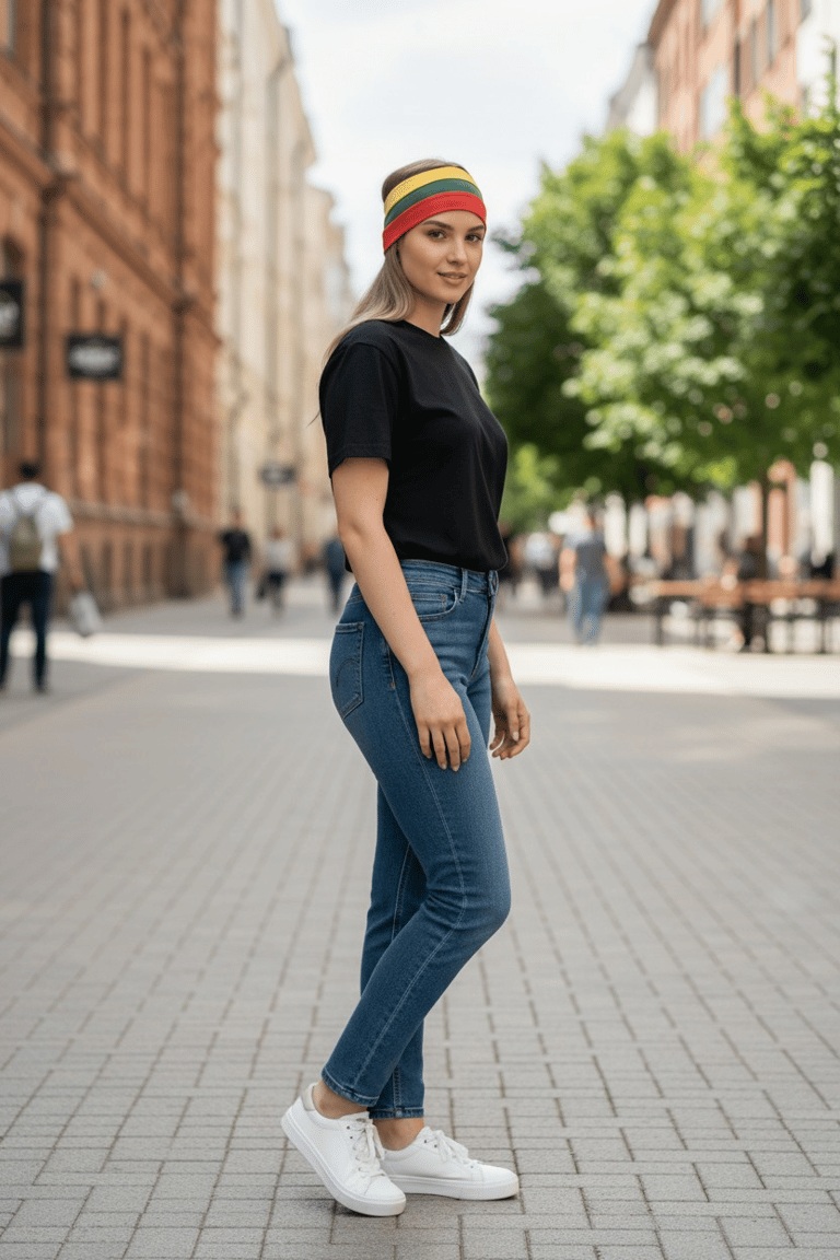 Lietuvos trispalvė galvajuostė ant modelio galvos, neutralus fonas