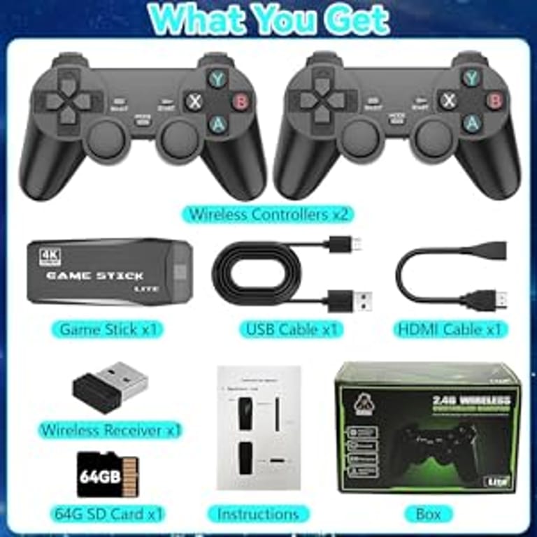 WHAT YOU WILL GET  2 PCS X gamepad. 1 PCS X Receiver . 1 PCS X HDMI Extension Cable. 1 PCS X USB Cable.1 PCS X Bilingual manual.