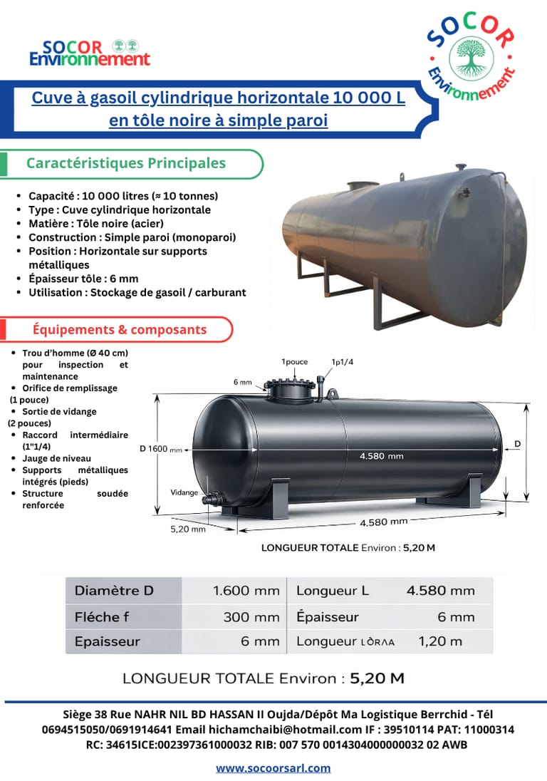 Cuve à Gasoil Cylindrique Horizontale 10 000 Litres