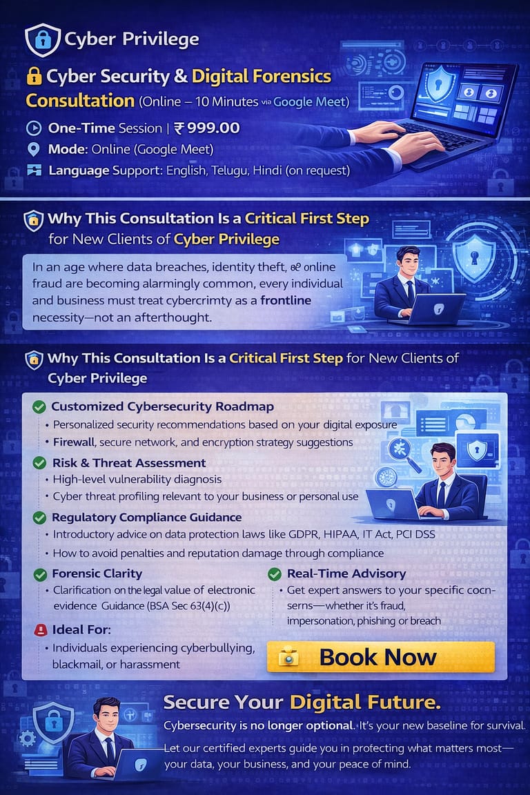 π Cyber Security & Digital Forensics Consultation (Online β 10 Minutes via Google Meet) π Cyber Security & Digital Forensics Consultation (Online β 10 Minutes via Google Meet)