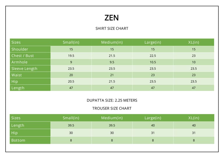 Size chart Size chart