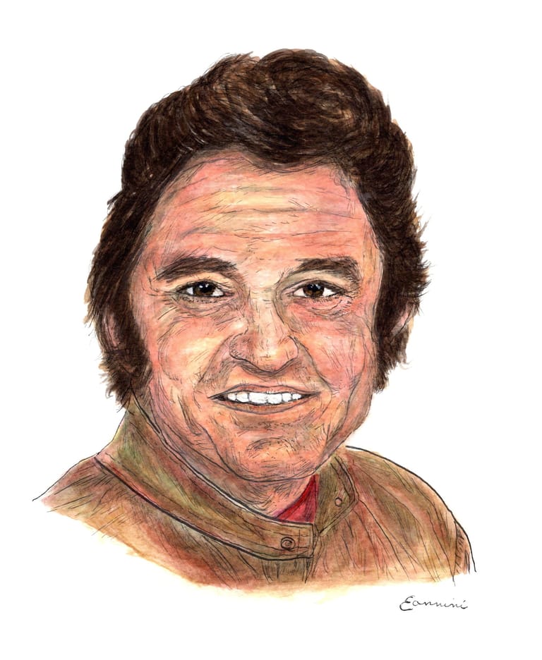 Johnny Cash Country Music Legend watercolor with pen and ink portrait, rockstarlegendportraits.com