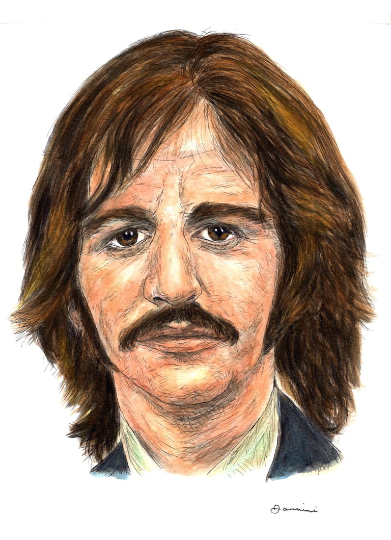 Ringo Starr The Beatles, watercolor with pen and ink portrait, rockstarlegendportraits.com Ringo Starr The Beatles, watercolor with pen and ink portrait, rockstarlegendportraits.com